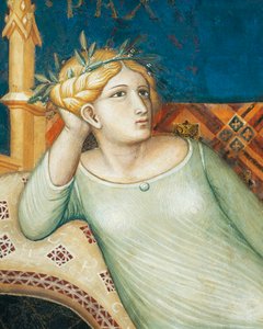 İyi hükümet alegorisi, barış, alegoriden detay ve iyi ve kötü yönetimin kasaba ve kırdaki etkileri by Ambrogio Lorenzetti