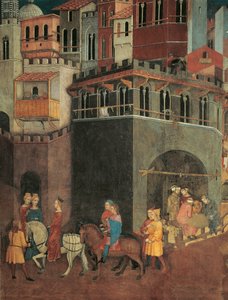 İyi Yönetimin Şehirdeki Etkileri, Şehrin Sokaklarında Asalet Alayı, Alegori Detayı ve İyi ve Kötü Yönetimin Kasaba ve Ülke Üzerindeki Etkileri by Ambrogio Lorenzetti