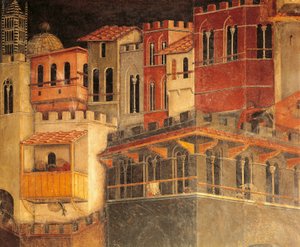 Ambrogio Lorenzetti (aktif 1285-1348), fresk, Barış Salonu, Palazzo Publico, Siena tarafından şehirdeki İyi Yönetimin etkileri, evler, Alegoriden ayrıntılar ve iyi ve kötü yönetimin kasaba ve kırdaki etkileri by Ambrogio Lorenzetti