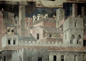 İyi Yönetimin Şehirdeki Etkileri, mimarinin detayı ve bir evin inşaatı by Ambrogio Lorenzetti
