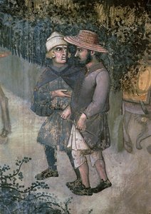 İyi Hükümetin Kırsaldaki Etkileri, yürüyen ve konuşan iki adamın detayı by Ambrogio Lorenzetti