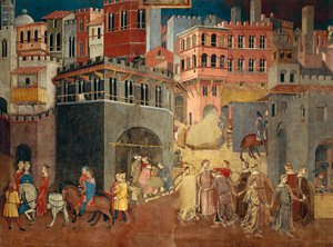 Şehirde iyi yönetimin etkileri, Alegoriden detay ve iyi ve kötü yönetimin şehir ve kırdaki etkileri by Ambrogio Lorenzetti