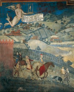 Ülkede iyi yönetimin etkileri, Alegoriden detay ve iyi ve kötü yönetimin kasaba ve ülkede etkileri by Ambrogio Lorenzetti