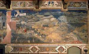 "İyi ve Kötü Hükümetin Kasaba ve Ülkedeki Etkileri". Kırsal kesimde iyi yönetimin etkilerinin detayı. Ambrogio Lorenzetti (1290-1348) 1338 - 1340 tarafından yapılan resim. Fresk. Dokuzlar Salonu veya Barış Salonu, Palazzo Publico de Si by Ambrogio Lorenzetti