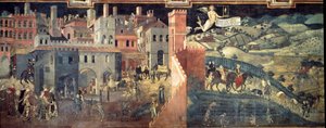 İyi ve kötü yönetimin şehir ve ülke üzerindeki etkileri. Şehrin detayı. Ambrogio Lorenzetti tarafından yapılan fresk (1290-1348) by Ambrogio Lorenzetti