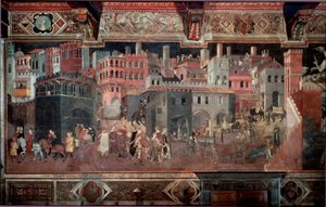 “İyi ve kötü hükümetin şehir ve ülke üzerindeki etkileri.” Şehrin detayı. Ambrogio Lorenzetti tarafından yapılan fresk (1290-1348) by Ambrogio Lorenzetti