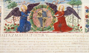 Bir Sforza armasını tasvir eden bir kalkan tutan melekler, Ambrogio Bergognone tarafından bir el yazmasından minyatür, İtalya 1477.