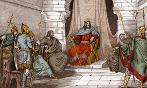 Yargıçlar Konseyinde Kral Charibert (521-567) - Caribert veya Cherebert, Paris kralı (561-567) konseyler düzenliyor ya da adaleti yerine getirdi - 1825 tarihli gravür, Fransa