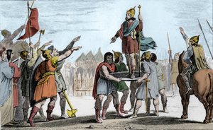 Pharamond I (c370-427), Frankların Kralı. Kendisini kral seçen halkı tarafından bir kalkan üzerinde yükseltilen - Francs-Salians ve Galyalılar tarafından tek bir halkta yeniden birleşmiş olarak tanınan Pharamond, bir kalkan üzerinde yükseltildi ve kampın e