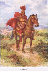 Imperator: aslen buradaydı, muzaffer Romalı general, sahada askerleri tarafından selamlandı. Daha sonra unvan yalnızca İmparatorlar için ayrıldı, The Roman Soldier, 1928 (renkli by Amedee Forestier