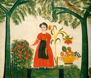 Çiçekli ve Distelfinkli Kırmızılı Kız by American 19th Century