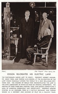 Thomas Edison, Başkan Herbert Hoover ve Henry Ford için elektrik ışığını yeniden yaratıyor (s/b fotoğraf) by American Photographer (after)