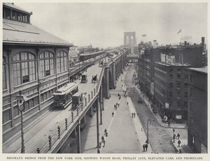 New York Yakasından Brooklyn Köprüsü, Wagon Yolu, Tramvay Hattı, Yükseltilmiş Arabalar ve Gezinti Yeri'ni gösteriyor (s/b fotoğraf) by American Photographer