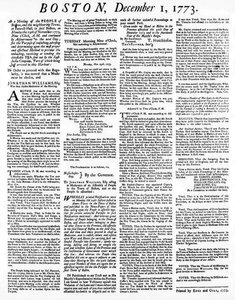 Boston Çay Partisi olaylarını detaylandıran bir Broadside gazetesi, Aralık 1773 (baskı)