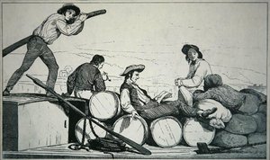 Mississippi Nehri üzerinde yük taşıyan bir düz tekne, 1840 dolayları (gravür) by American School