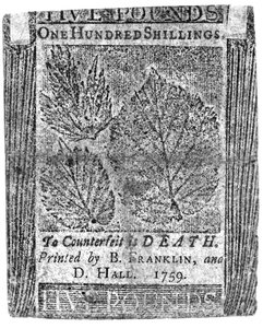 B. Franklin ve D. Hall tarafından basılmış yüz şilinlik banknot, 1759 (basılı) by American School