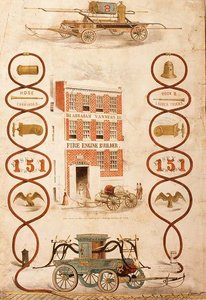 İtfaiye aracı üreticisi ve yangın söndürme ekipmanı üreticisi Abraham Vanness için reklam, pub. Geo tarafından. G. Gratacap, New York, 1850 dolayları (lito) by American School