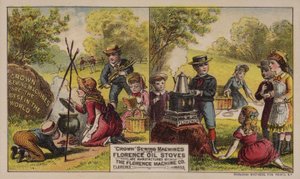 Florence Machine Company, Massachusetts, c1880s tarafından üretilen Amerikan ticari kart reklam dikiş makineleri ve yağ sobaları by American School