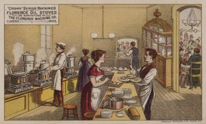 Florence Machine Company, Massachusetts, c1880s tarafından üretilen Amerikan ticari kart reklam dikiş makineleri ve yağ sobaları by American School