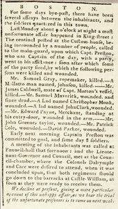 Boston Katliamı olaylarını detaylandıran Boston Chronicle makalesi, 5 Mart 1770 (gazete) by American School