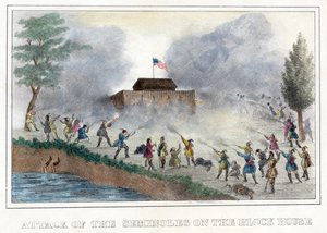 Blok Evdeki Seminole Saldırısı, pub. 1836 (el renkli gravür) by American School