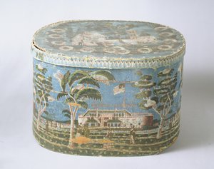 Kalenin görünümünü gösteren blok baskılı kağıtla kaplı bandbox, c.1835 (karton ve kağıt) by American School