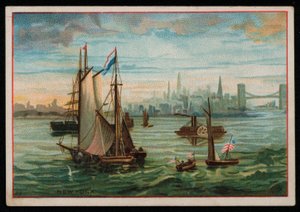 New York limanındaki tekneler, tebrik kartı. (kromolito) by American School