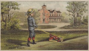 Kır evinin dışında çim biçen çocuk (chromolitho) by American School