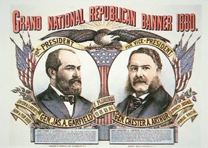 Başkan adayı James A. Garfield (1831-81) ve koşu arkadaşı Chester A. Arthur (1829-86) 1880 (renkli taş) için kampanya afişi by American School