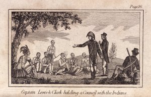 Kaptan Lewis & Clarke Kızılderililerle bir Konsey düzenliyor, pub. 1812 (gravür) by American School