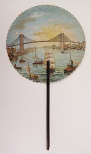 Brooklyn Köprüsü sahnesi ile basılmış hatıra yelpazesi (karton yaprak) by American School