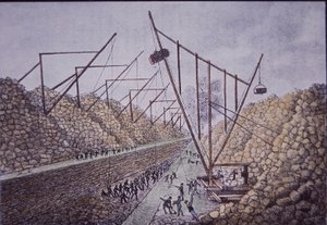 Lockport, Erie Canal (renkli gravür) yakınlarındaki inşaat bumbaları by American School