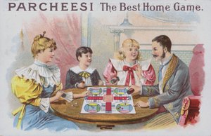 Parcheesi (chromolitho) oyunu oynayan aile by American School
