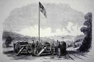 Amerikan İç Savaşı (1861-65) sırasında demiryolunu korumak için federal kum torbası pili (litho) by American School
