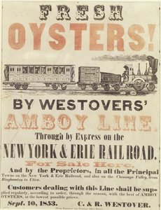 Taze istiridye! Westovers Amboy Line tarafından, Through By Express ile New York & Erie Demiryolunda, 10 Eylül 1853 by American School