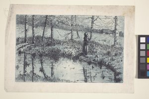 Girl By Pond (mavi baskılı gravür ve plaka tonu) by American School