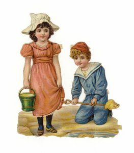 Kız ve erkek kumdan kaleler inşa ediyor by American School