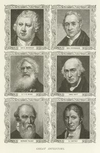 Büyük Mucitler, Sir R Arkwright, George Stephenson, SF B Morse, James Watt, Bernard Palissy, Eli Whitney by American School