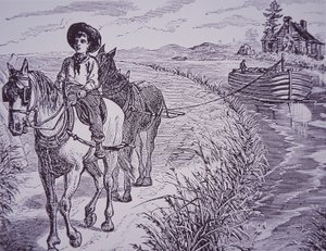 Çekme yolunda kanal teknesini çeken atlar, Erie Kanalı (gravür) by American School