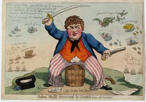 John Bull, her taraftan böcekler tarafından tehdit ediliyor, c.1813 (el ile boyanmış gravür)