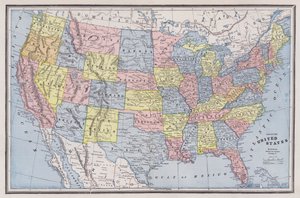 Amerika Birleşik Devletleri Haritası (renkli gravür) by American School