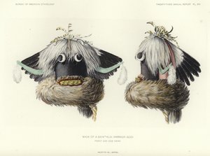 Bir Sayathlia (savaşçı tanrı) maskesi - önden ve yandan görünümler (renkli taş baskı) by American School