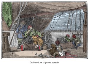 Cezayirli korsanların bir gemisinde Charles Ellms, Boston 1837 “Korsanlar Kendi Kitabı, en ünlü deniz soyguncularının otantik anlatıları”ndan illüstrasyon by American School