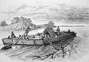 Mississippi Nehri, c üzerinde Pioneer düz tekne. 1840 (gravür) by American School
