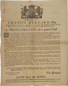 Massachusetts Körfezi Valisi Francis Bernard adına bildiri: Fransız ve Hint Savaşı sırasında bir gün oruç tutulacağını ilan etmek, 8 Nisan 1761 by American School