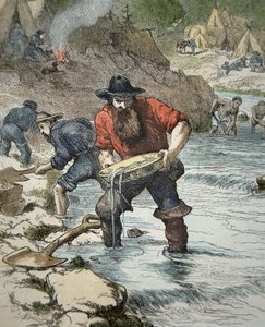 1849 Kaliforniya Altına Hücum sırasında altın arayan madenciler (renkli gravür) by American School