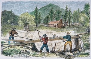 1849 California Gold Rush sırasında bir savak kullanan maden arayıcıları (renkli lito) by American School
