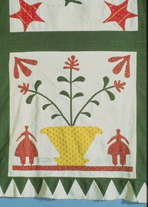 Figürleri ve çiçekleri gösteren yorgan detayı (pamuk) by American School