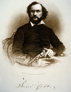 Samuel Colt vurmalı tabancalarından birini tutuyor (gravür) by American School