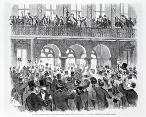 Mills House Önünde Secession Toplantısı, Meeting Street, Charleston, Güney Carolina, 1860 dolayları (gravür) (s/b fotoğraf) by American School
